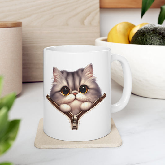 Cat mug, Cute peaking cat mug, Zipper cat mug, Ceramic Mug, 11oz