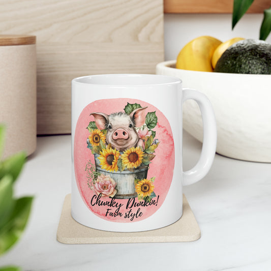 Cute pig in a bucket with sunflowers chunky dunkin farm style mug, Ceramic Mug, 11oz