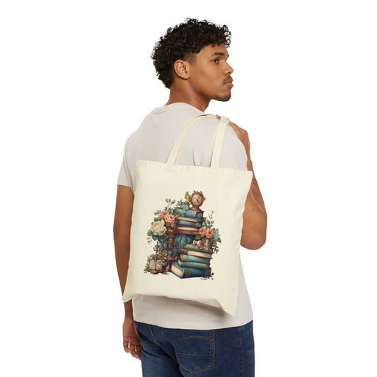 Book bag, book tote, blue books tote bag, reading book bag, book lovers tote bag, Cotton Canvas Tote Bag