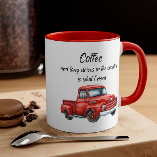 Coffee and red truck mug, red truck and long drives mug, Accent Coffee Mug, 11oz